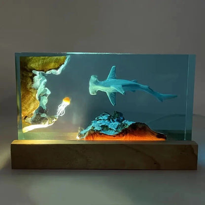 Hammer Head Shark and Jellyfish Resin Lamp
